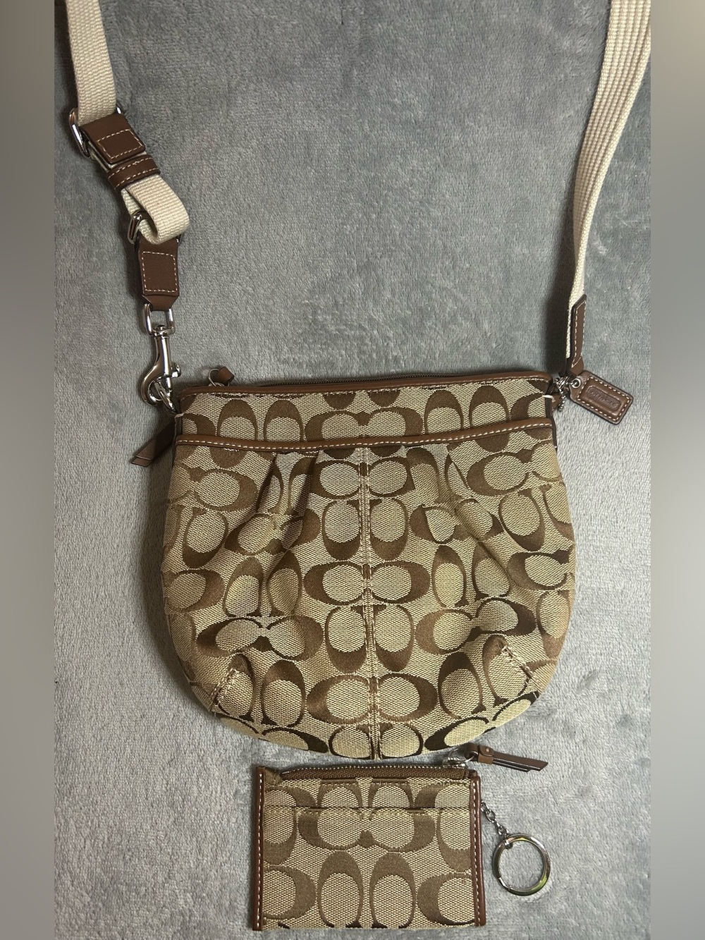 Coach Tan/Brown Signature Canvas Pleated Crossbody Bag with Wristlet